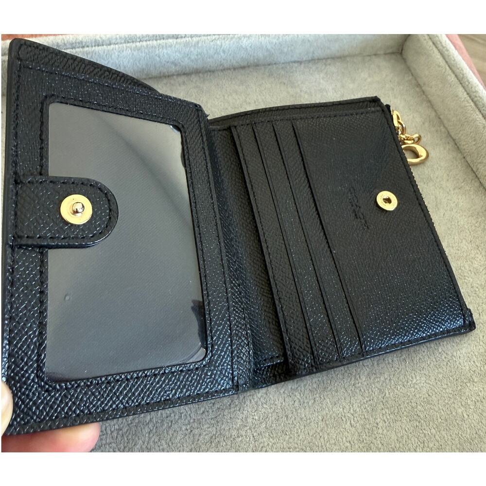 Coach Black Crossgrain Leather Small Snap Bifold Wallet F73867 Gold Logo - Picture 4 of 7